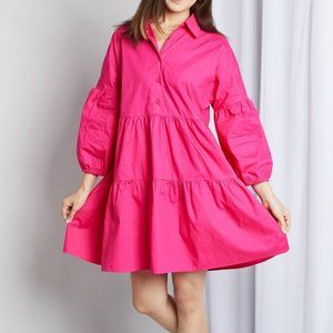 Davi & Dani Full Size Buttoned Puff Sleeve Tiered Shirt Dress